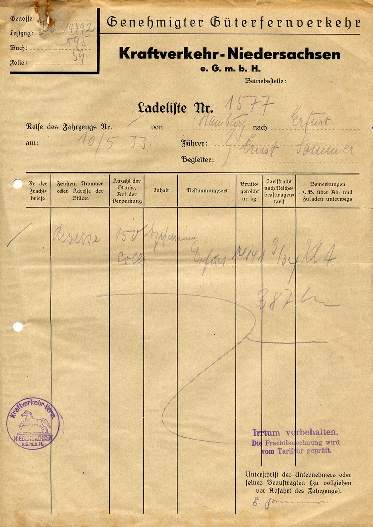 001 Ladeliste Nr. 1577 Hamburg-Erfurt, 10.05.1933, Sammlung Sommer Gieboldehausen.jpg