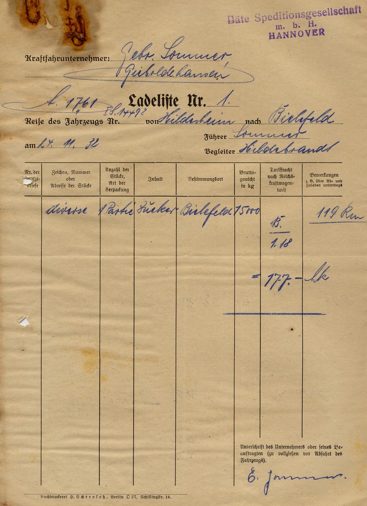 005 Ladeliste Nr. 1 Hildesheim - Bielefeld, 24.11.1932, Sammlung Sommer Gieboldehausen.jpg